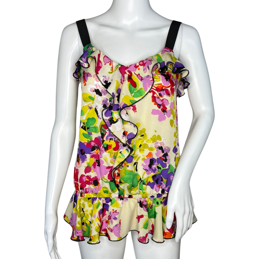 Express Tank Top XS Yellow Purple Floral Ruffle‎ Peplum Y2K Fairycore Sleeveless